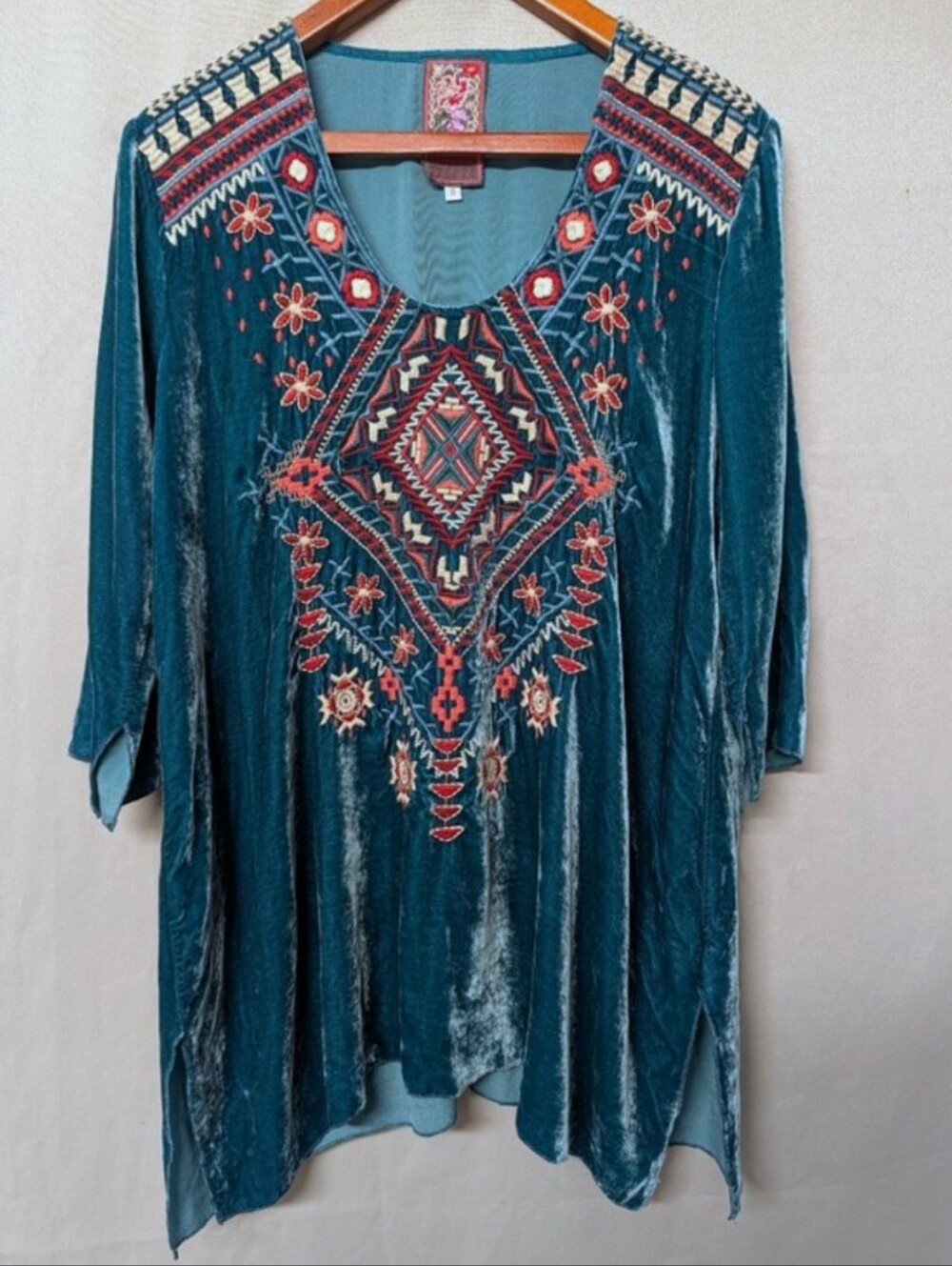 Johnny Was Teal Velvet Embroidered Boho Tunic W/ Red & Cream Accents Size Small